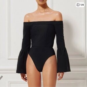 Misha Collection Size XS Off-Shoulder Black Bell-Sleeve Bodysuit